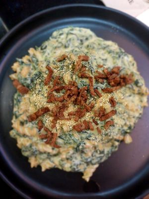 Cashew nut cheese sauce, with spinach and fake bacon mac and cheese at Veganerie - Silom in Bangkok