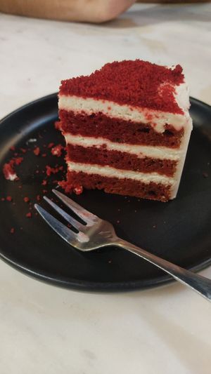 Red velvet cake (half of it) at Veganerie - Silom in Bangkok