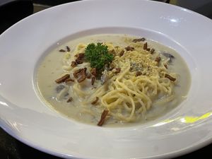Carbonara spaghetti, 260 baht  at Veganerie - Silom in Bangkok