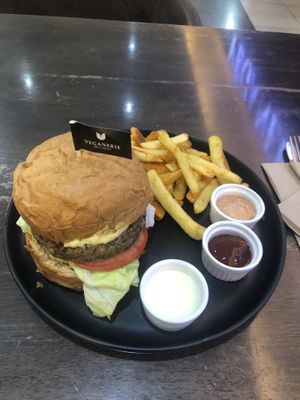 Cheese burger with fries  at Veganerie - Silom in Bangkok