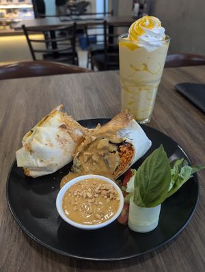 Tofu satay wrap with mango smoothie at Veganerie - Silom in Bangkok