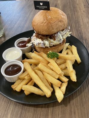 Pulled pork burger - too much coleslaw!  at Veganerie - Silom in Bangkok