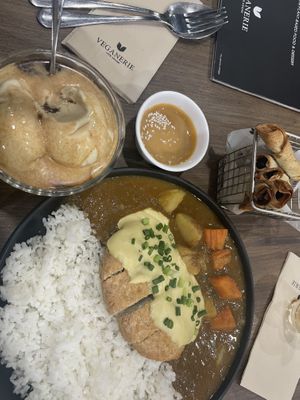 affogato, spinach wraps, cheesy tonkatsu curry—all exceptional  at Veganerie - Silom in Bangkok