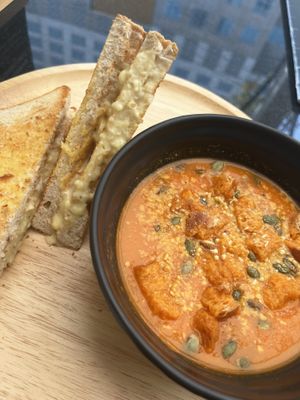 Cheeze toastie & tomato soupp which  at Veganerie - Silom in Bangkok