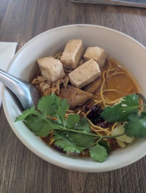 Khao soi with tofu noodles at Veganerie - Silom in Bangkok
