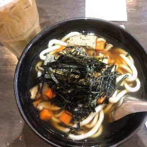 Udon soup with almond milk latte 😋  at Veganerie - Silom in Bangkok