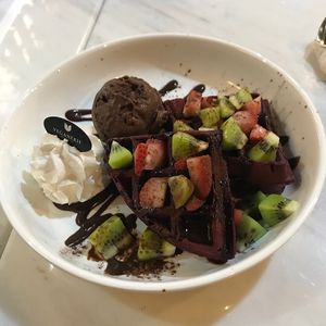 Red velvet waffles 💚 at Veganerie - Silom in Bangkok