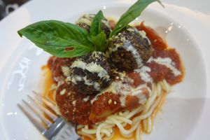 Spaghetti with meatballs. at Veganerie - Silom in Bangkok