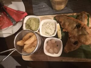 Vegan Fish (banana flower) and Chips w mashed peas and cashew tartar. We loved it. at Barracuda Restaurant at Darawan - Maybe closed in Koh Tao