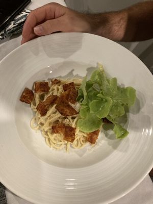 Vegan carbonara with vegan bacon  at Barracuda Restaurant at Darawan - Maybe closed in Koh Tao