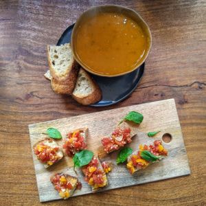 Bruschetta & paprika soup at The Manufactory in Ghent
