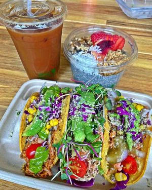 Jackfruit Tacos, Cold Brew, & Chia Pudding. at Daily Fuel in Portland