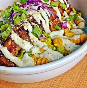 "The Dude" Mac made with Chickpea noodles (packed with protein and fiber), house made Horseradish Ranch and house made smoky cheese sauce. Gluten-Free. at Daily Fuel in Portland