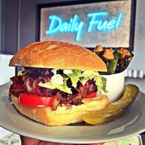 "The Dude" Burger with a side of Gluten-Free Grilled Jalapeno Poppers. at Daily Fuel in Portland