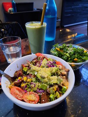 Power Bowl w/ creamy chipotle aoili, Matcha shake,  butternut squash kale side at Daily Fuel in Portland