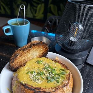 Fresh-made Soup, Hot loose leaf Tea, Sourdough Bread Bowl.
#veganuary #wfpb #soyfree at Daily Fuel in Portland