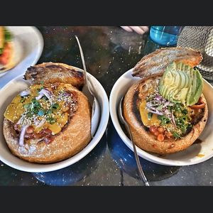 Soup and Chili in a Sourdough Bread Bowl. 
#veganuary #wfpb #soyfree at Daily Fuel in Portland