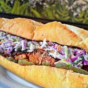 The BBQ & Blue!
Toasted Sourdough foot long, grilled BBQ Jackfruit, dill pickle chips, red onions, house made steak sauce & horseradish broccoli slaw, & Blue Cheese crumbles.  at Daily Fuel in Portland
