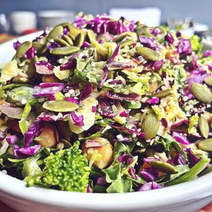 Muscles from Brussels Salad. Shredded Brussels sprouts, arugula, purple cabbage, garbanzo beans, red onions, broccoli,
dried cranberries, sliced almonds, pepitas, sunflower seeds. at Daily Fuel in Portland