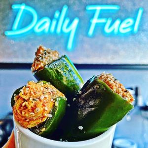 Grilled Jalapenos stuffed with Roasted Red Pepper cashew cheese.
Never frozen.
Never deep fried. 
@DailyFuelPDX at Daily Fuel in Portland