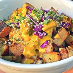 Big-O-Bowl of Potatoes with house-made (oat base) Cheese Sauce. 
@DailyFuelPDX  at Daily Fuel in Portland