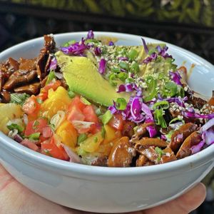 Island Buddha Bowl with added Chipotle Mushrooms & Avocado. 
@DailyFuelPDX at Daily Fuel in Portland