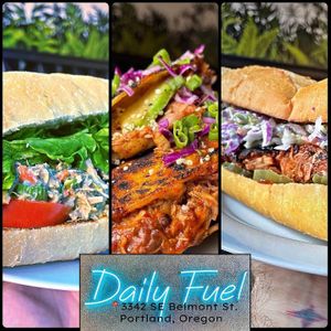 Jackfruit Salad Sandwich, Birria Style Jackfruit Tacos, & Grilled BBQ & Blue Sandwich (with Follow Your Heart Blue Cheese Crumbles).
@DailyFuelPDX
 at Daily Fuel in Portland