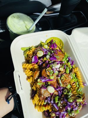 Matcha and greens milkshake. Mushroom Mac and cheese  at Daily Fuel in Portland