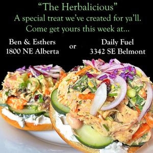 Daily Fuel & Ben and Esther's Collab!

Nov 2-5

🌿The Herbalicious🌿
Lemon-dill schmear, crunchy cucumbers and creamy, herby jackfruit salad atop a fresh everything bagel at Daily Fuel in Portland