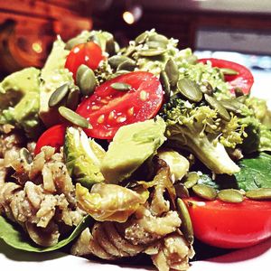 Creamy Besto Pesto bowl—> Chickpea Noodles, broccoli, Brussels sprouts, peas, pepitas, tomatoes, hemp seeds, avocado. at Daily Fuel in Portland