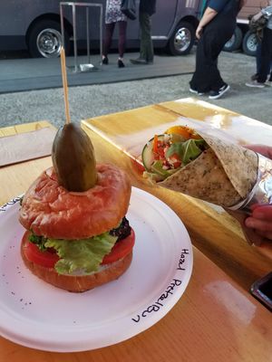 Tempeh burger and rainbow wrap at Daily Fuel in Portland