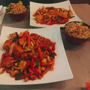 Cilantro sweet and sour tofu + veggies on top, bottom is kung pao with tofu + veggies with a side of fried rice at Sukhothai in Miami