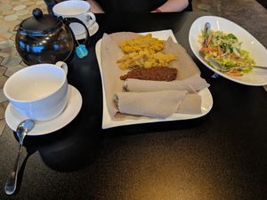 The dish comes with a side salad. at Hype Cafe in Washington