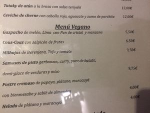 Vegan menù at San Diego in Tenerife