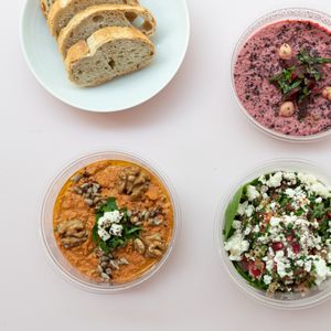 Beetroot and red bell peper hommous, quinoa salade at Sumac in Paris
