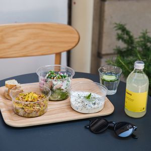 Cucomber yaourt, lentils and rice and Falafel salade with a French limonade LEAMO at Sumac in Paris