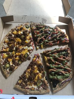 Half Georgia Peach, half Off Da Wall. So good. at Plant Based Pizzeria in Atlanta