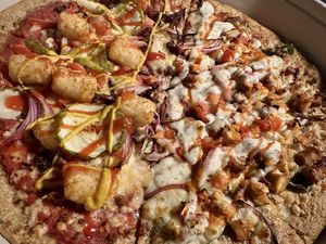 1/2 hamburger, 1/2 buffalo chick’n. 🤤   at Plant Based Pizzeria in Atlanta