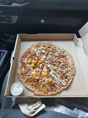 1/2 georgia peach 1/2 buffalo ranchh  at Plant Based Pizzeria in Atlanta