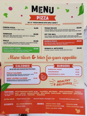 Menu at Plant Based Pizzeria in Atlanta