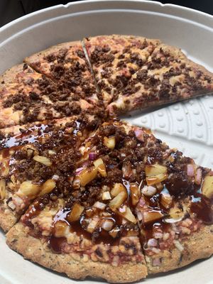 Half Hawaiian half meat lovers at Plant Based Pizzeria in Atlanta