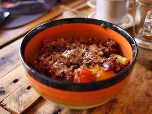 Chili sin carne with quinoa and tahini sauce at Man'Groove in Kep