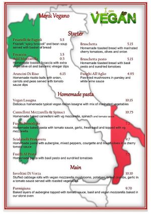 Vegan Menu,  at O' Sole Mio in Eastbourne