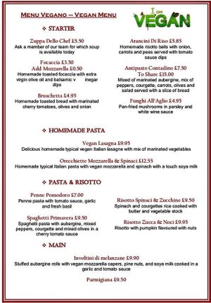 Vegan Menu at O' Sole Mio in Eastbourne