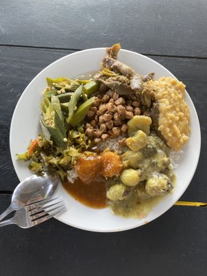 Rice, spicy soya meat, bamia, potatoes, eggplant, lentils   at Dhana's Curry Pot in Mirissa