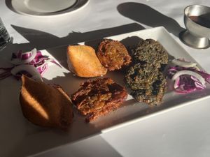 Entree: samosa, onion bhaji, spinach pakora  at Saffron Indian Cuisine in Geelong