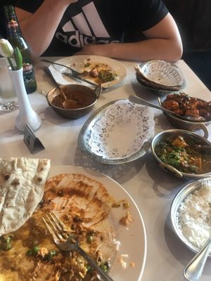 Lentil Dahl (left), roti (top right) pumpkin curry (right), tofu and pea dish (bottom right).  at Saffron Indian Cuisine in Geelong