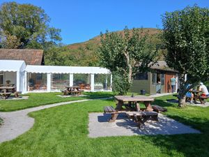 Outside seating in pretty garden with lovely views at Kitnors in Minehead