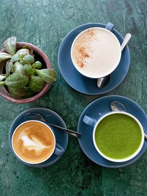 Selection of speciality hot drinks at Wild Food Cafe in North London