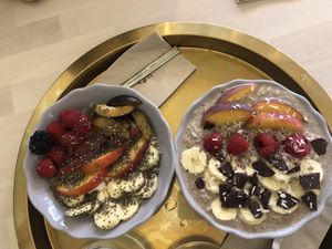 Fruit bowl and porridge - yum! at Racines in Lausanne